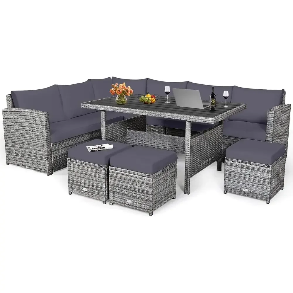 Outdoor Furniture Dining Set - طقم أثاث راتان رمادي مكون من